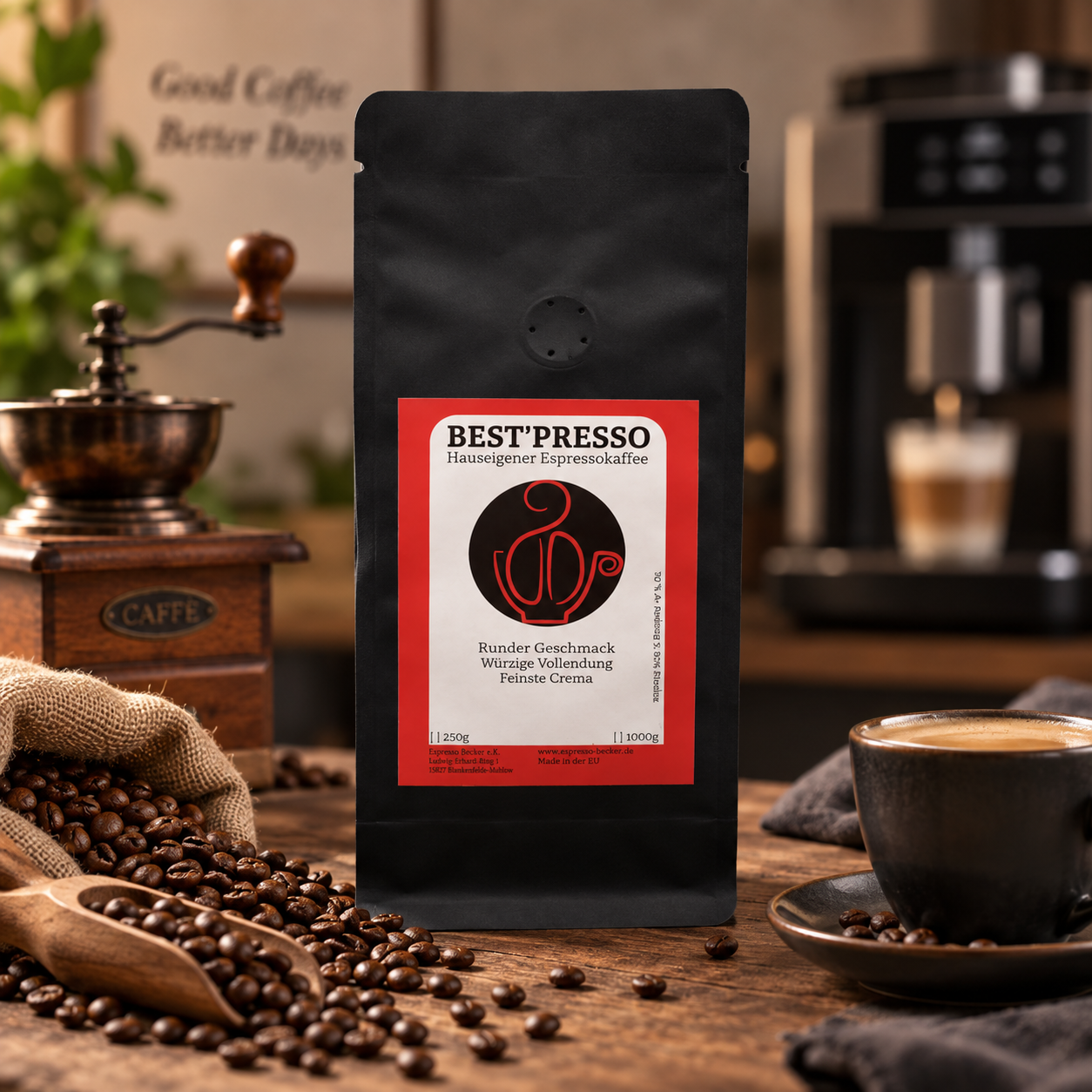 Best’Presso Kaffeepackung mit Espressotasse und Kaffeebohnen